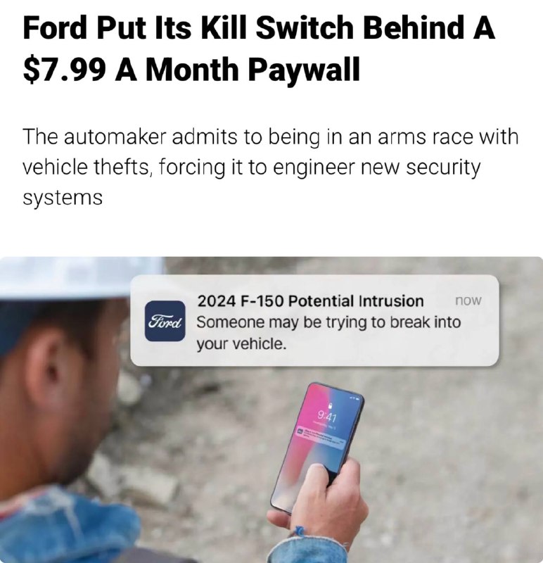 🚘 Ford avtomobilni o‘g‘irlashdan himoyani oyiga 8 dollarlik pulli obunaga aylantirdi.