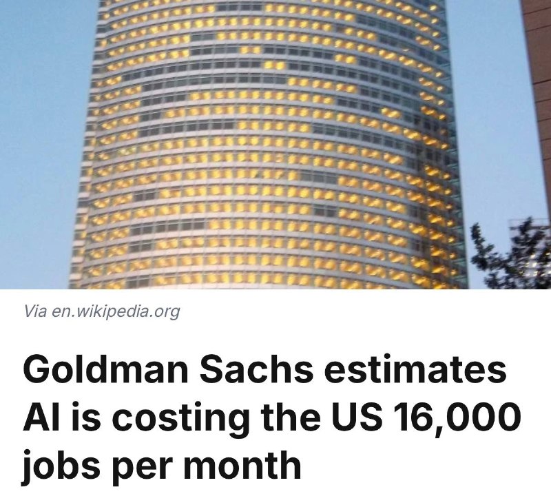 ⚡️Goldman Sachs tadqiqotiga ko’ra: har oy sun’iy intellekt sababli 16 000 ta ish o‘rni yo‘qolmoqda.